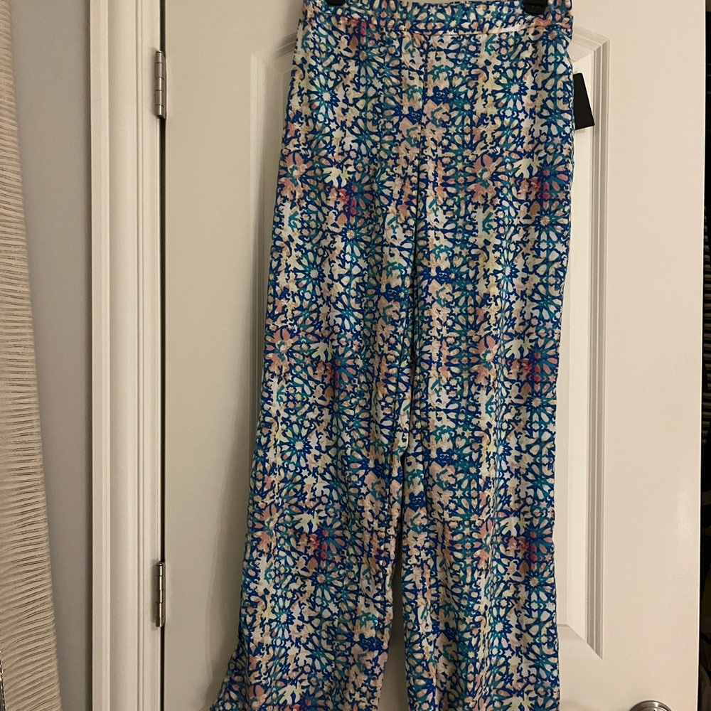 Stoosh Teal Floral-Print Wide Leg Pants